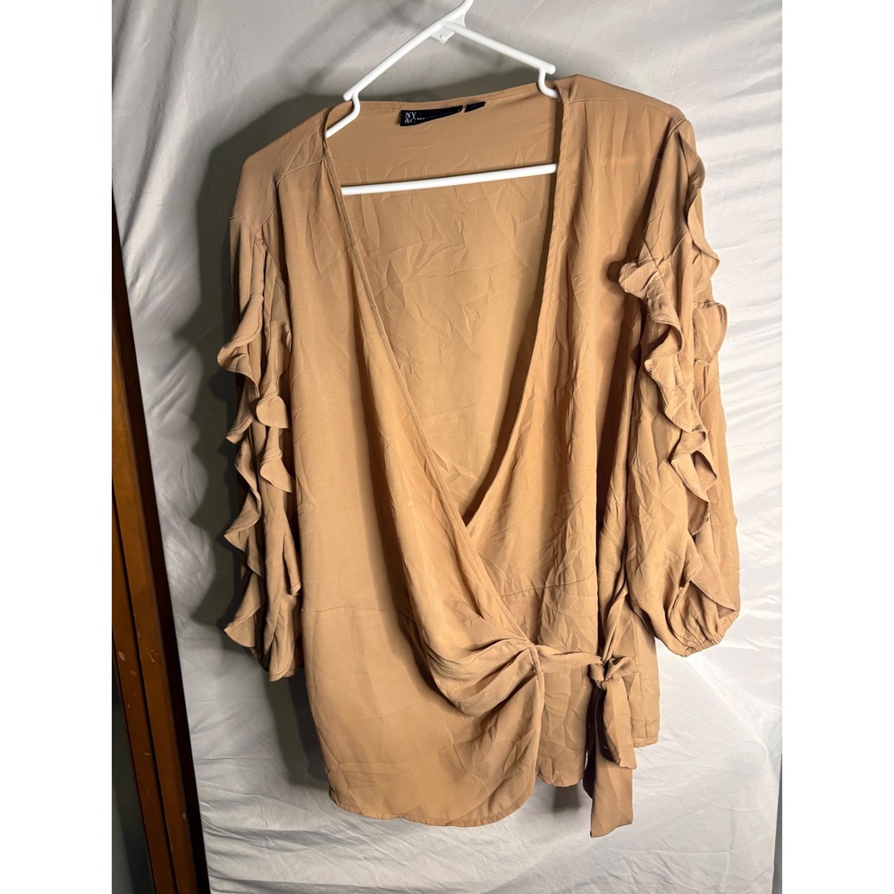 New York & Company Tan Ruffle Sleeve Wrap Blouse XL V-Neck Tie Waist Top 1312